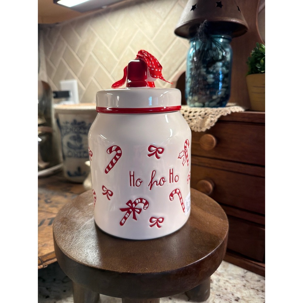 Rae Dunn Ho Ho Ho Christmas Canister Candy Canes Bows Red White Lid